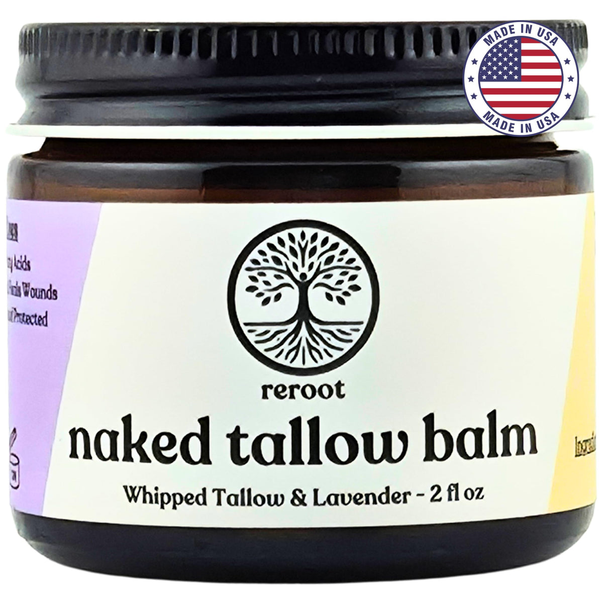 Reroot Organics Lavender Naked Tallow Balm front view with packaging