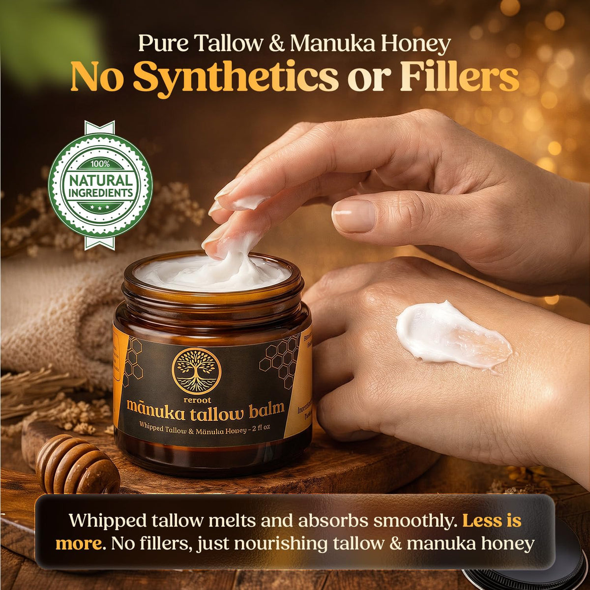 Reroot Organics Manuka Honey Beef Tallow Balm 2oz ingredients list