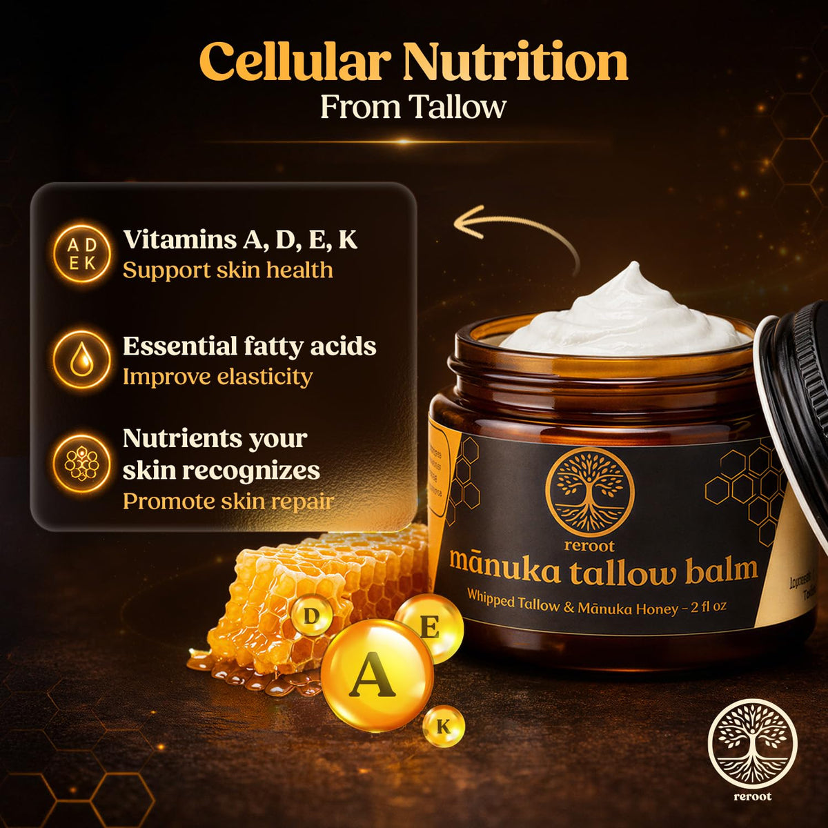 Reroot Organics Manuka Honey Beef Tallow Balm 2oz packaging