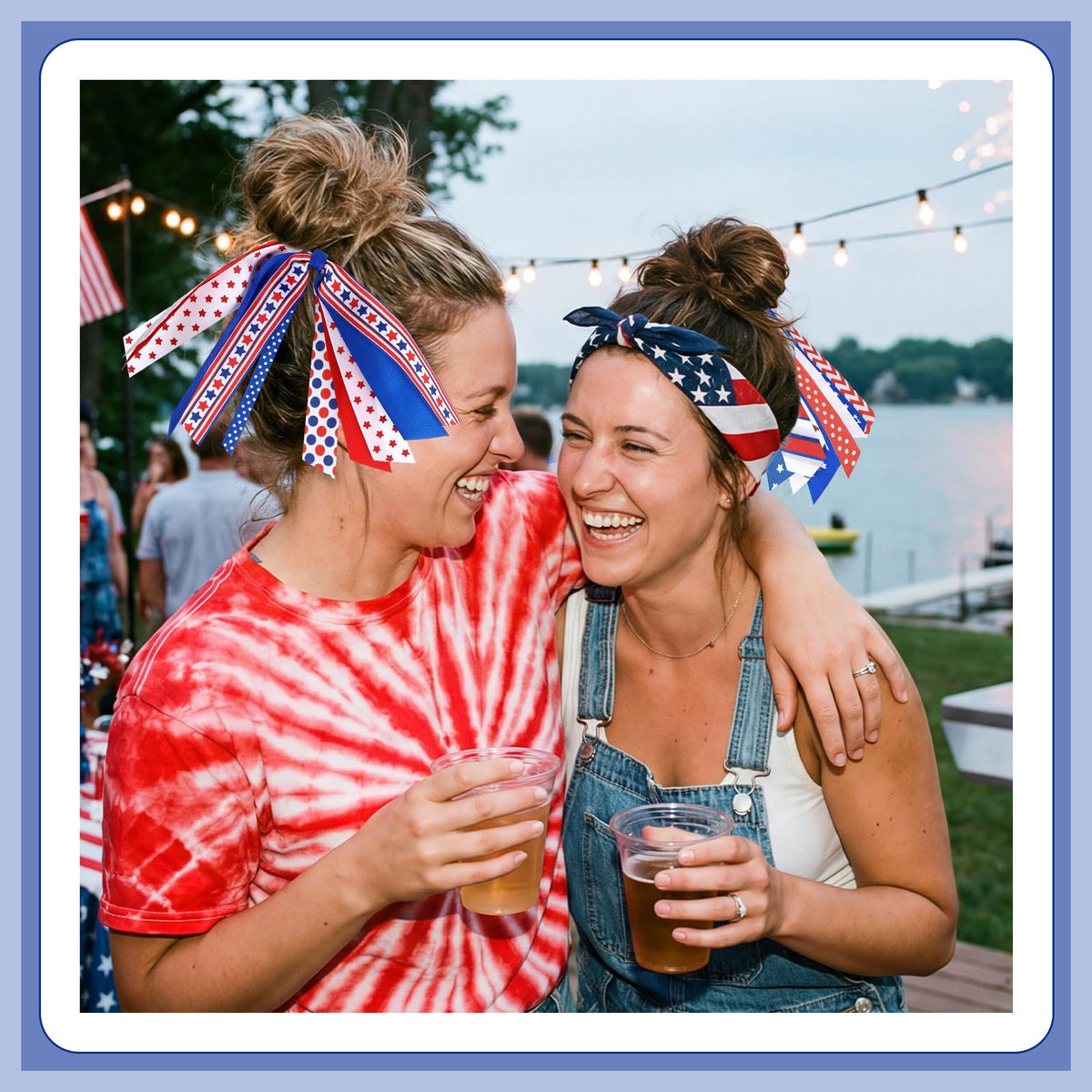 Retrowavy hair scrunchies in red white and blue on a table