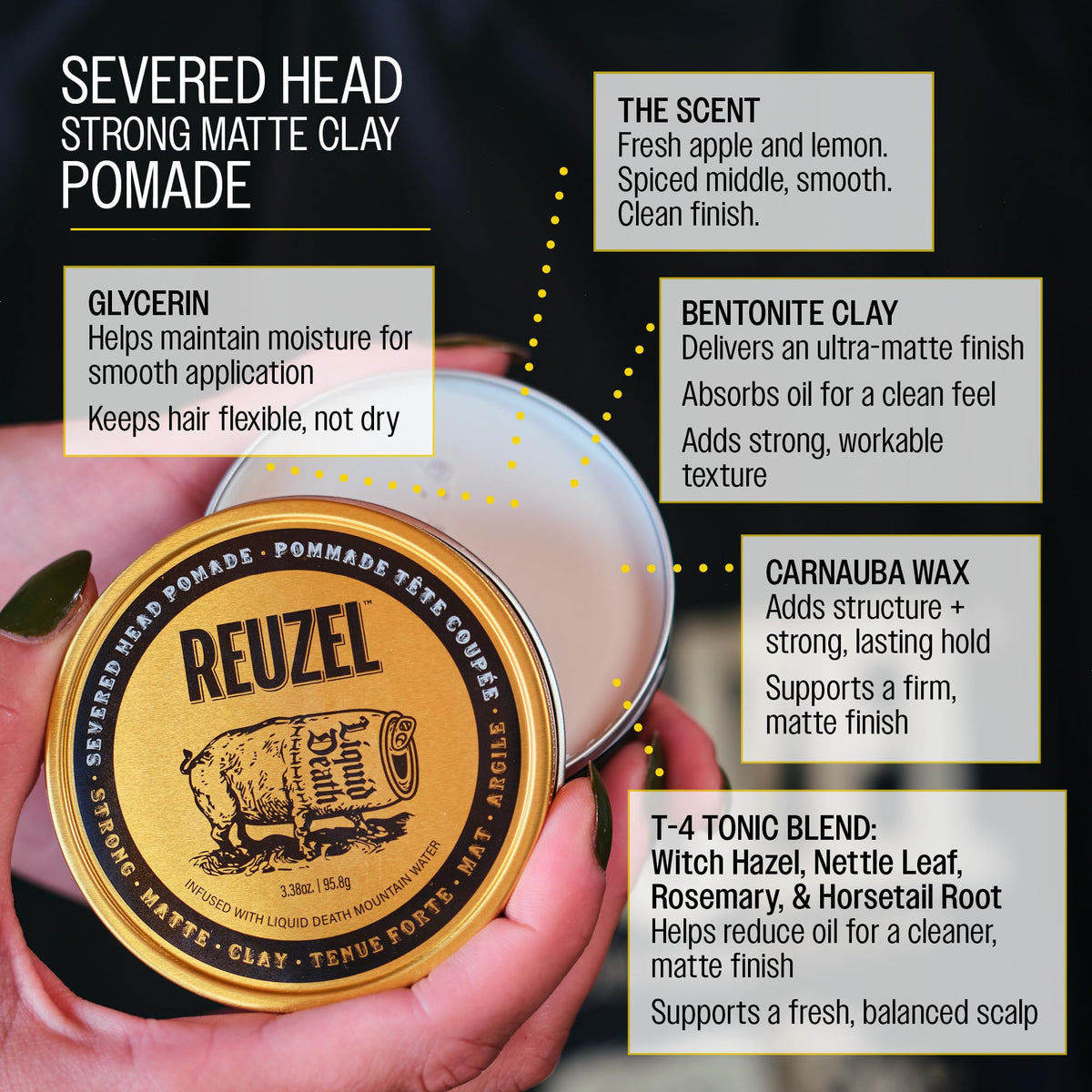 REUZEL Severed Head Clay Pomade 118g on a bathroom counter