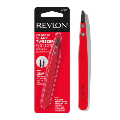 REVLON Ceramic Slanted Tip Tweezers front view with red handle