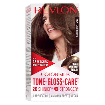 REVLON ColorSilk Tone + Gloss + Care Demi-Permanent Hair Colour 6 Light Brown front view