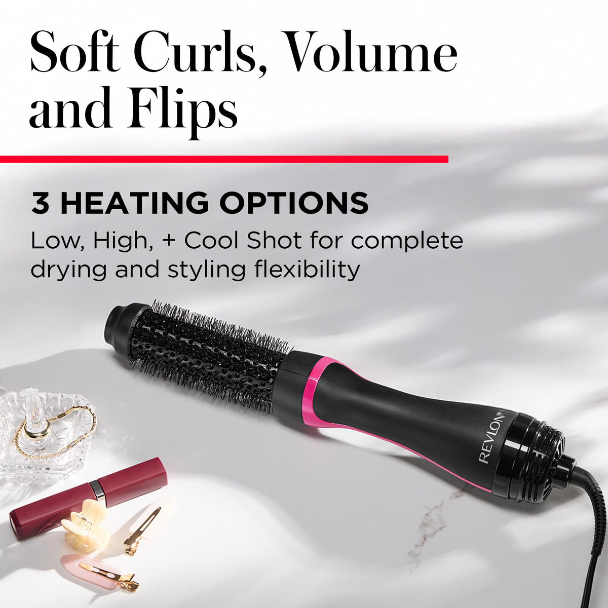 REVLON One-Step Round Brush Hair Dryer with heat settings displayed