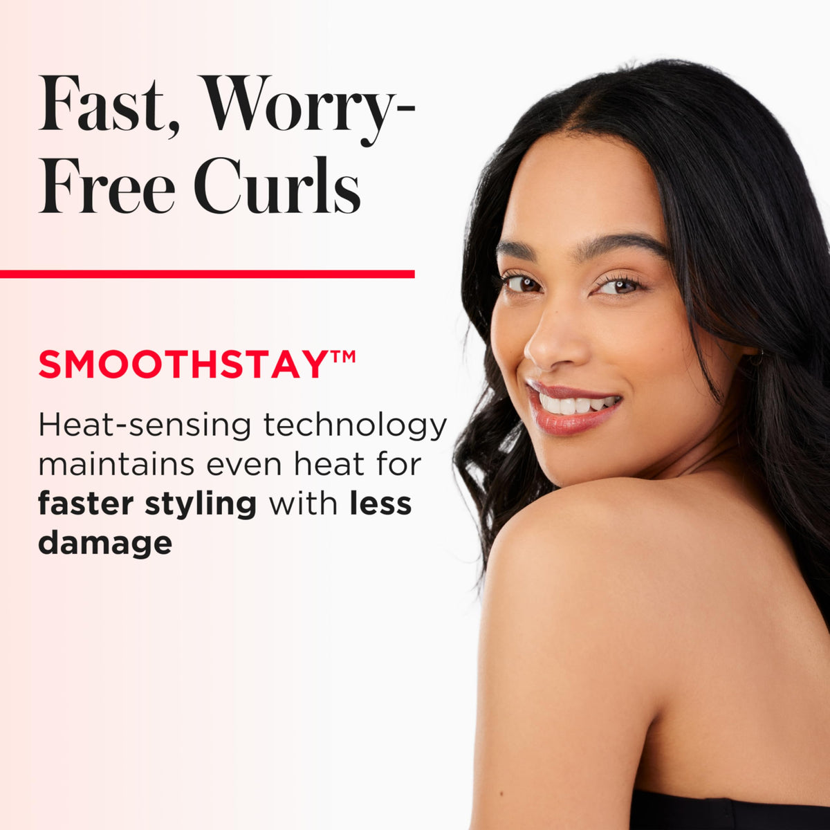 REVLON SmoothStay Curling Iron on a countertop with loose curls