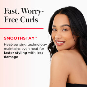 REVLON SmoothStay Curling Iron on a countertop with loose curls