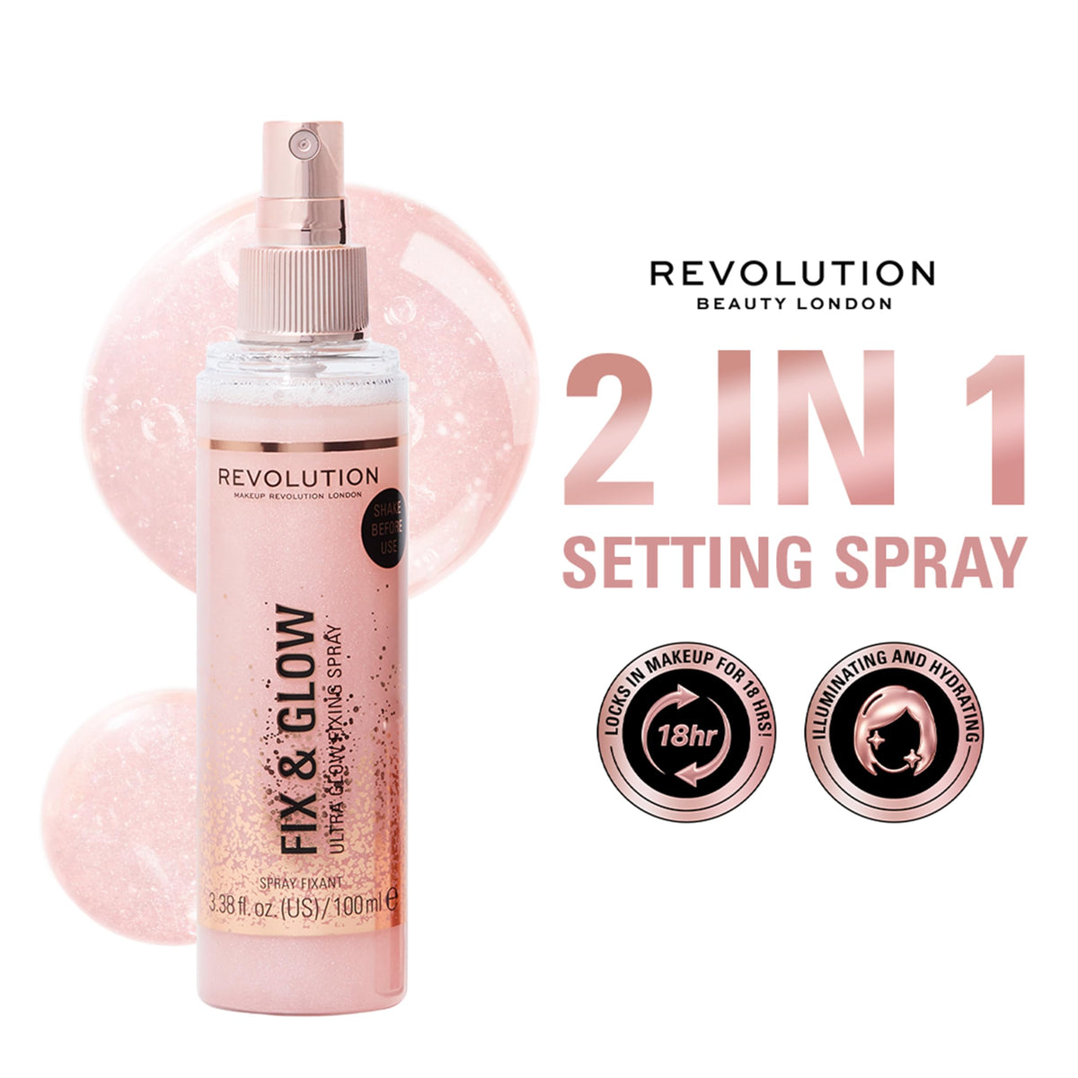 Revolution Beauty Fix & Glow Fixing Spray bottle side view