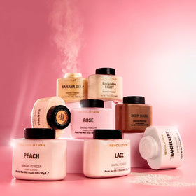 Revolution Beauty London Loose Baking Powder Peach with makeup tools