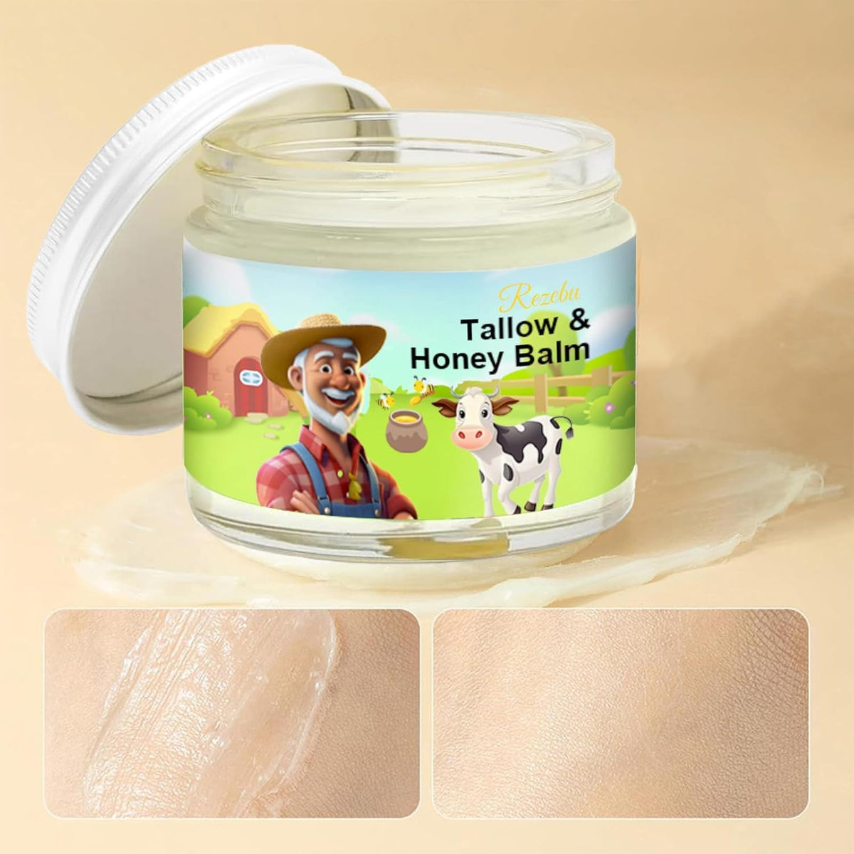 Rezebu Tallow and Honey Balm open with creamy texture visible