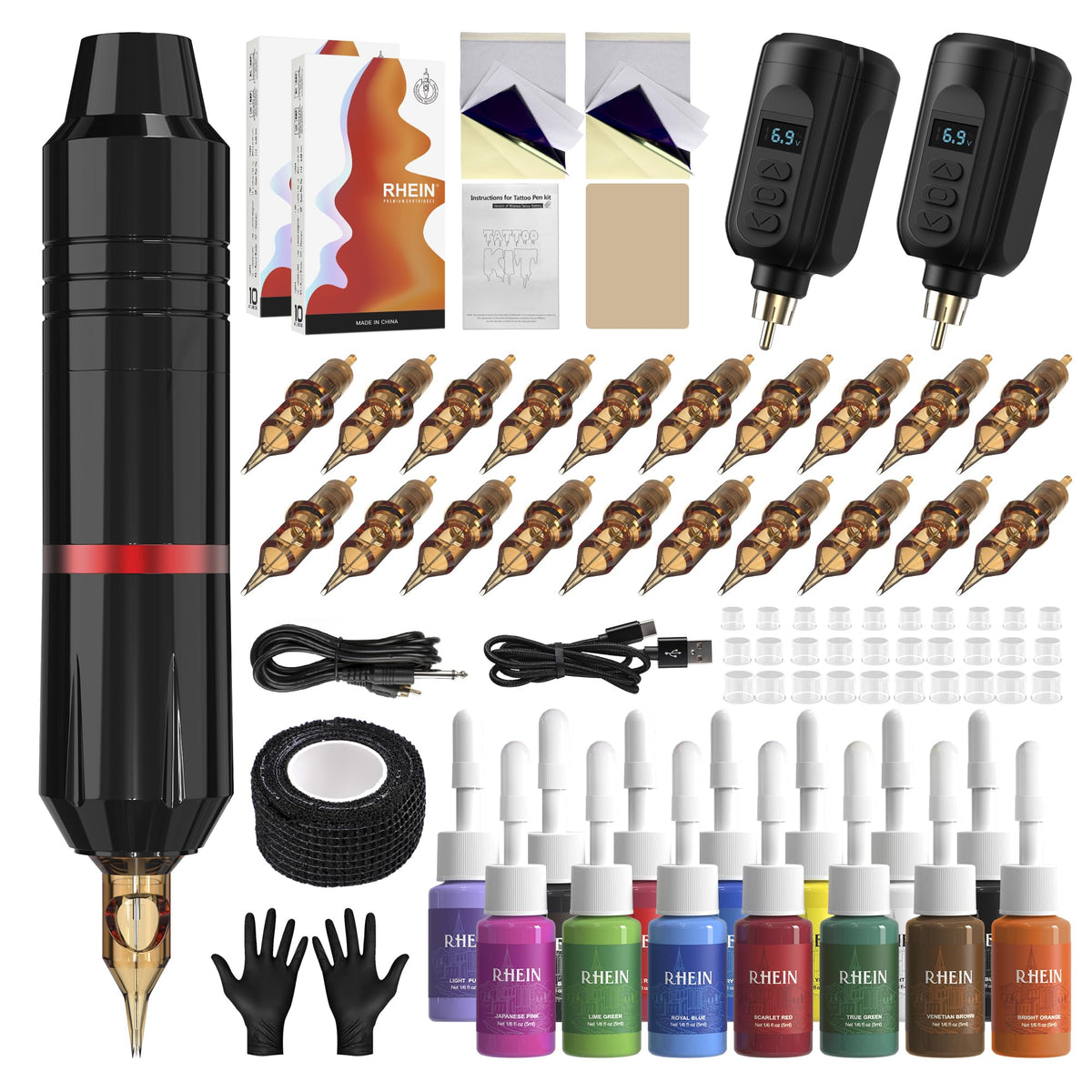 RHEIN Wireless Tattoo Gun Kit front view with accessories