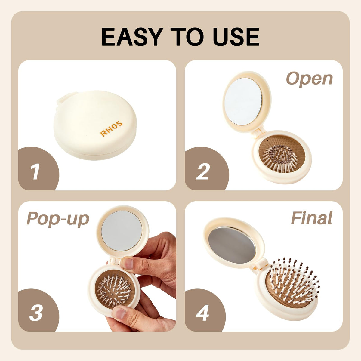 RHOS Compact Foldable Hair Brush displayed on a table