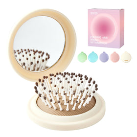 RHOS Compact Foldable Hair Brush in beige with mirror open