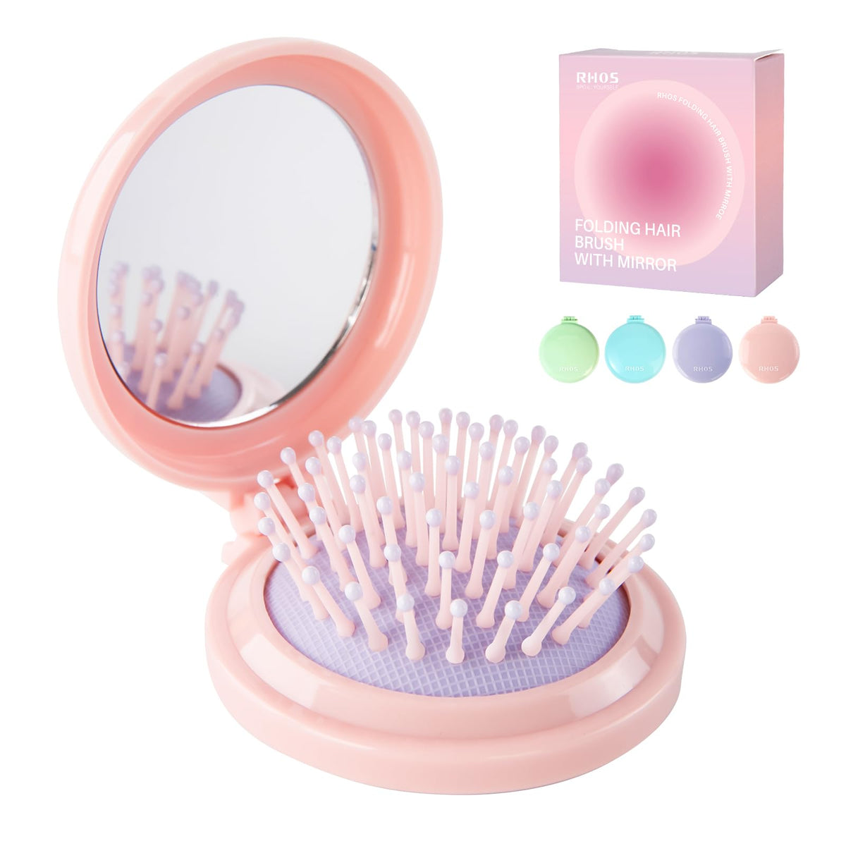 RHOS Folding Brush with Mirror in pink, front view