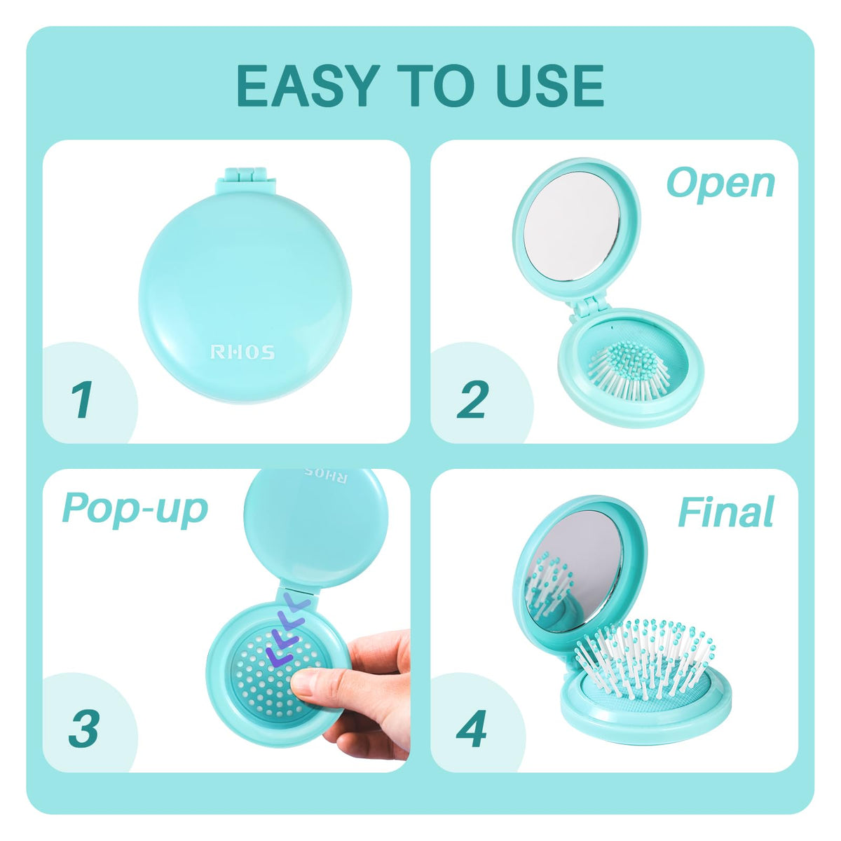 RHOS Folding Hair Brush compact size in hand