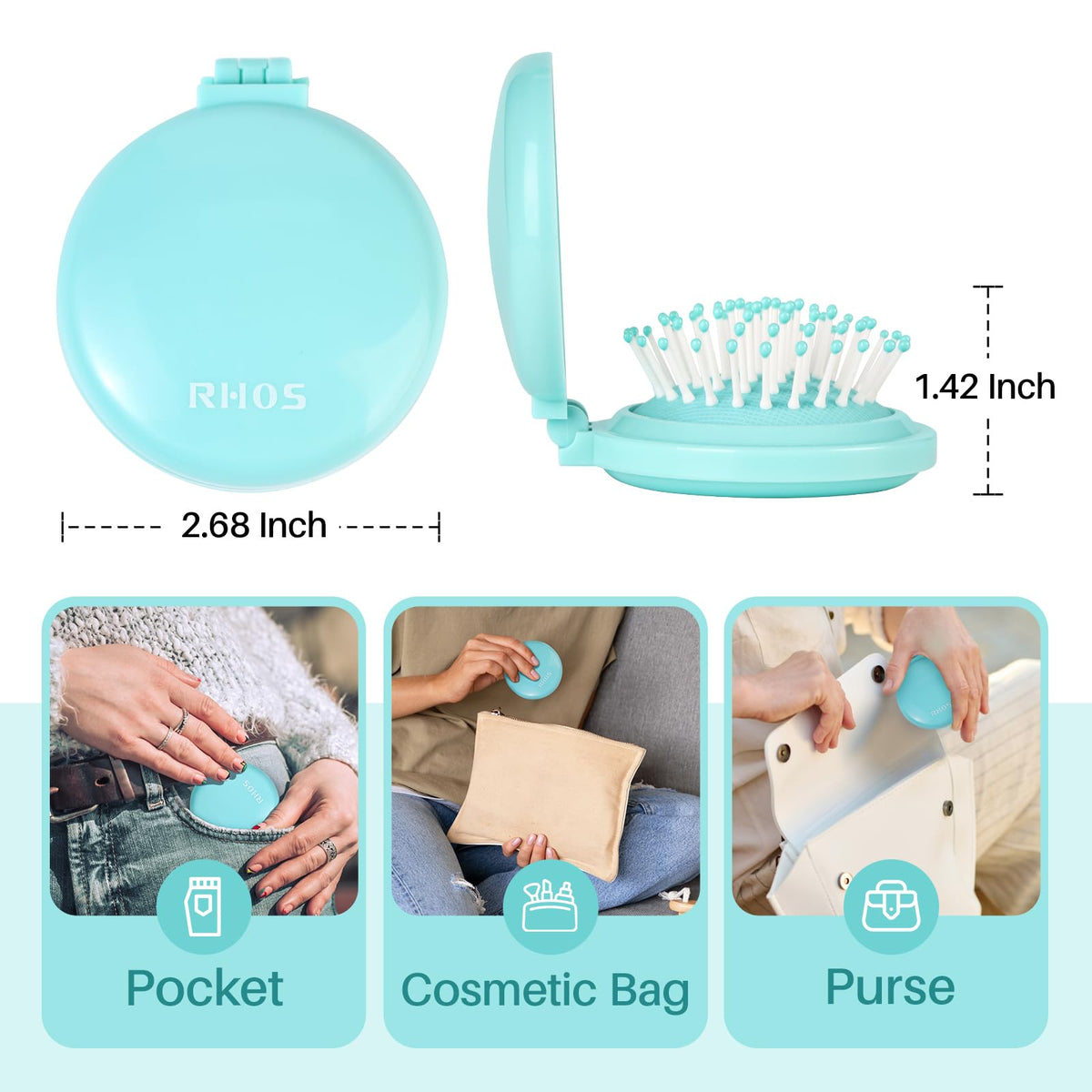 RHOS Folding Hair Brush open showing mirror and bristles