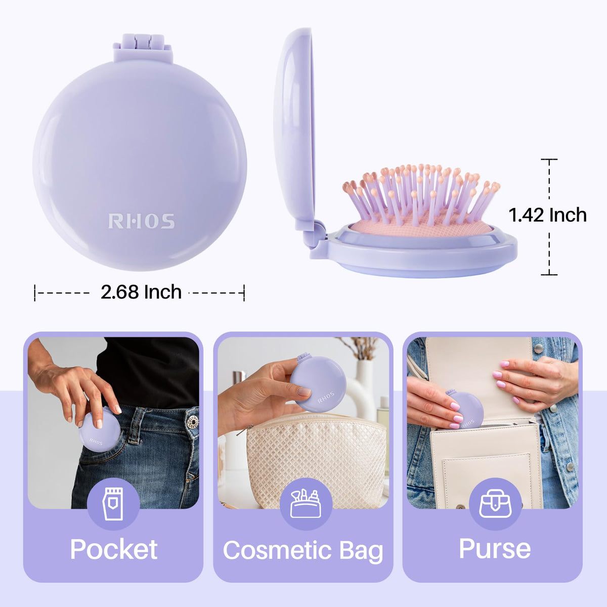 RHOS Hair Brush with Mirror side view, folded
