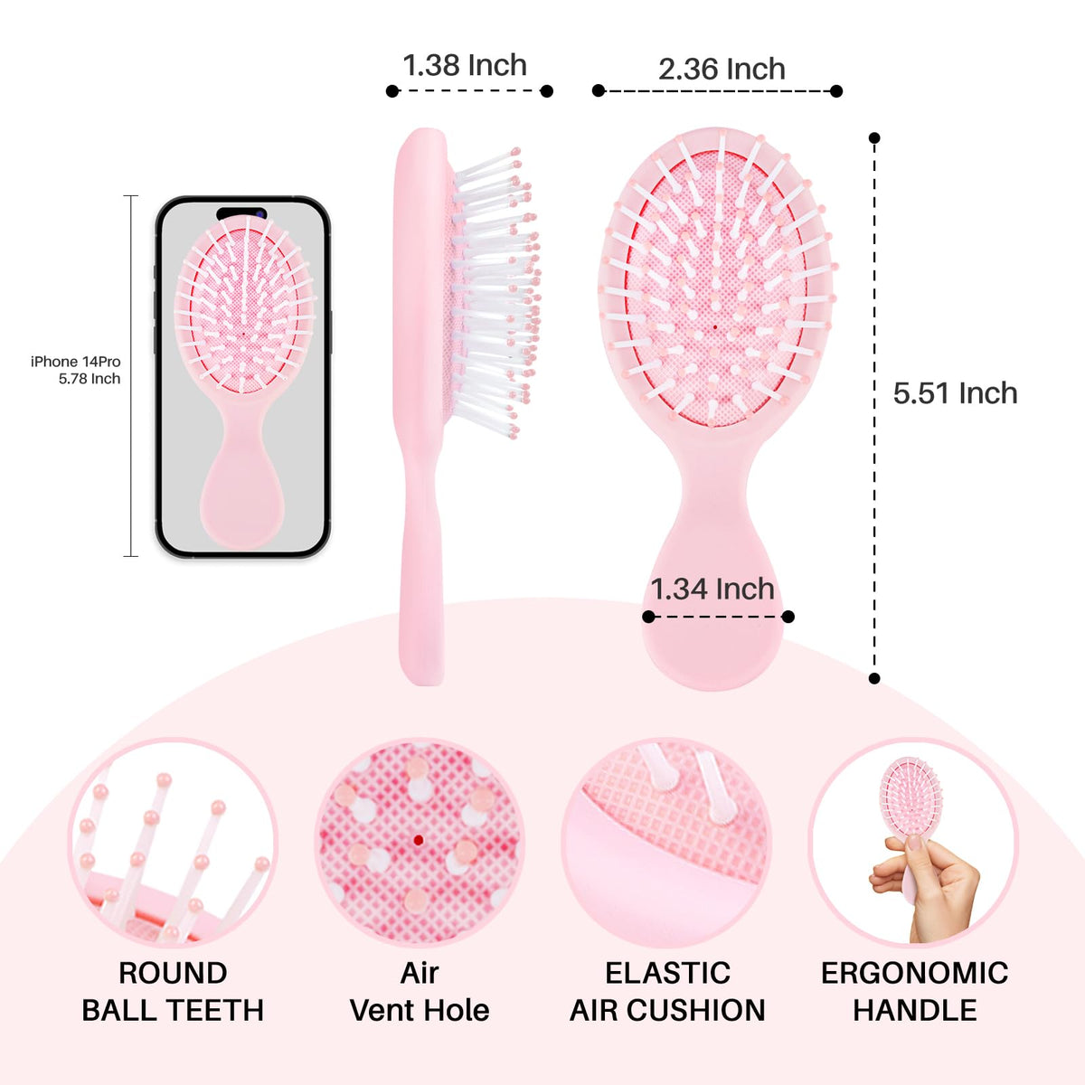 RHOS Mini Hair Brush side view showing ergonomic handle