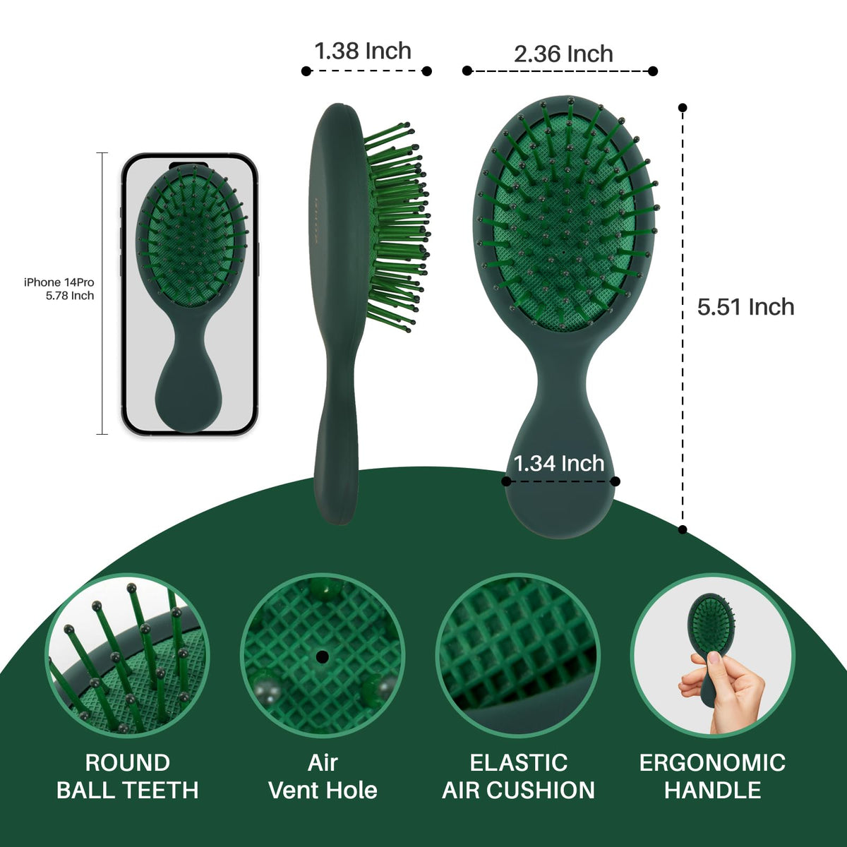 RHOS Mini Hair Brush side view with soft bristles