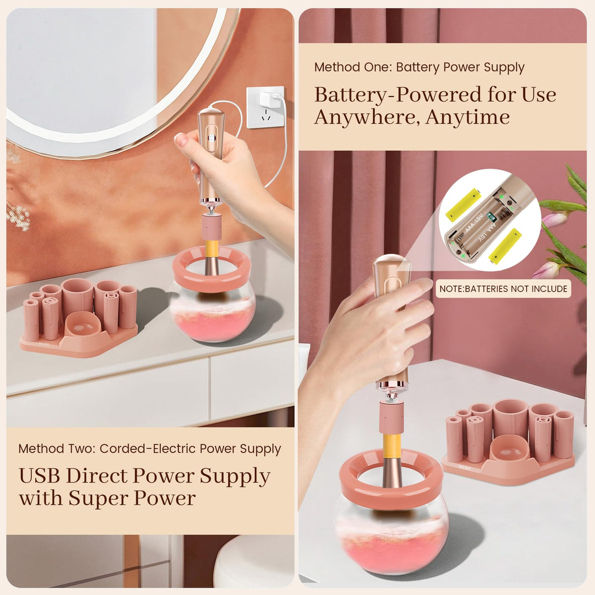 RICRIS brush cleaner in use with a makeup brush