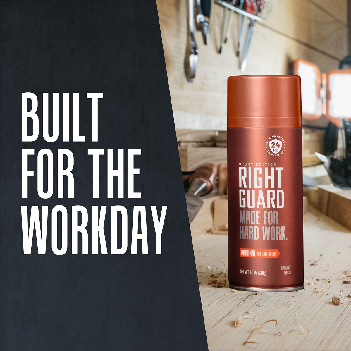 Right Guard Sport Original Scent Deodorant Spray in lifestyle setting on a bathroom counter