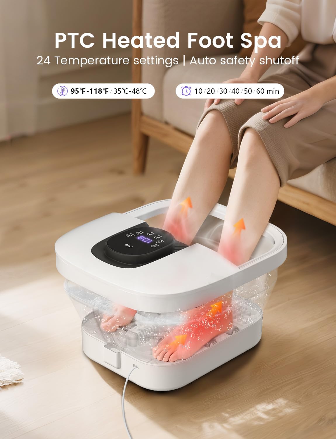 RIKE foot soaking tub showing temperature control settings
