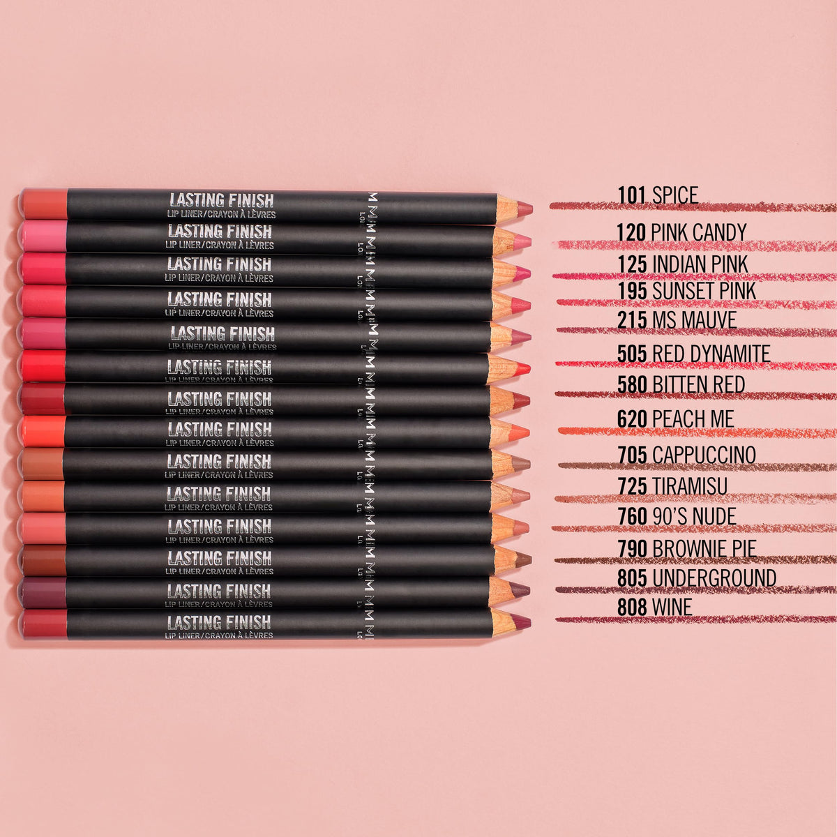 Rimmel Lasting Finish Lip Liner Pencil Ms.Mauve next to lipsticks