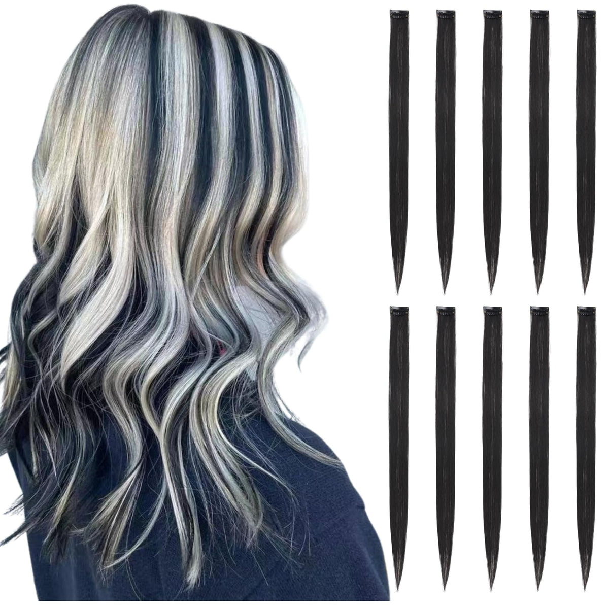RINBOOOL Black Hair Extensions Clip in 10 Pieces front view