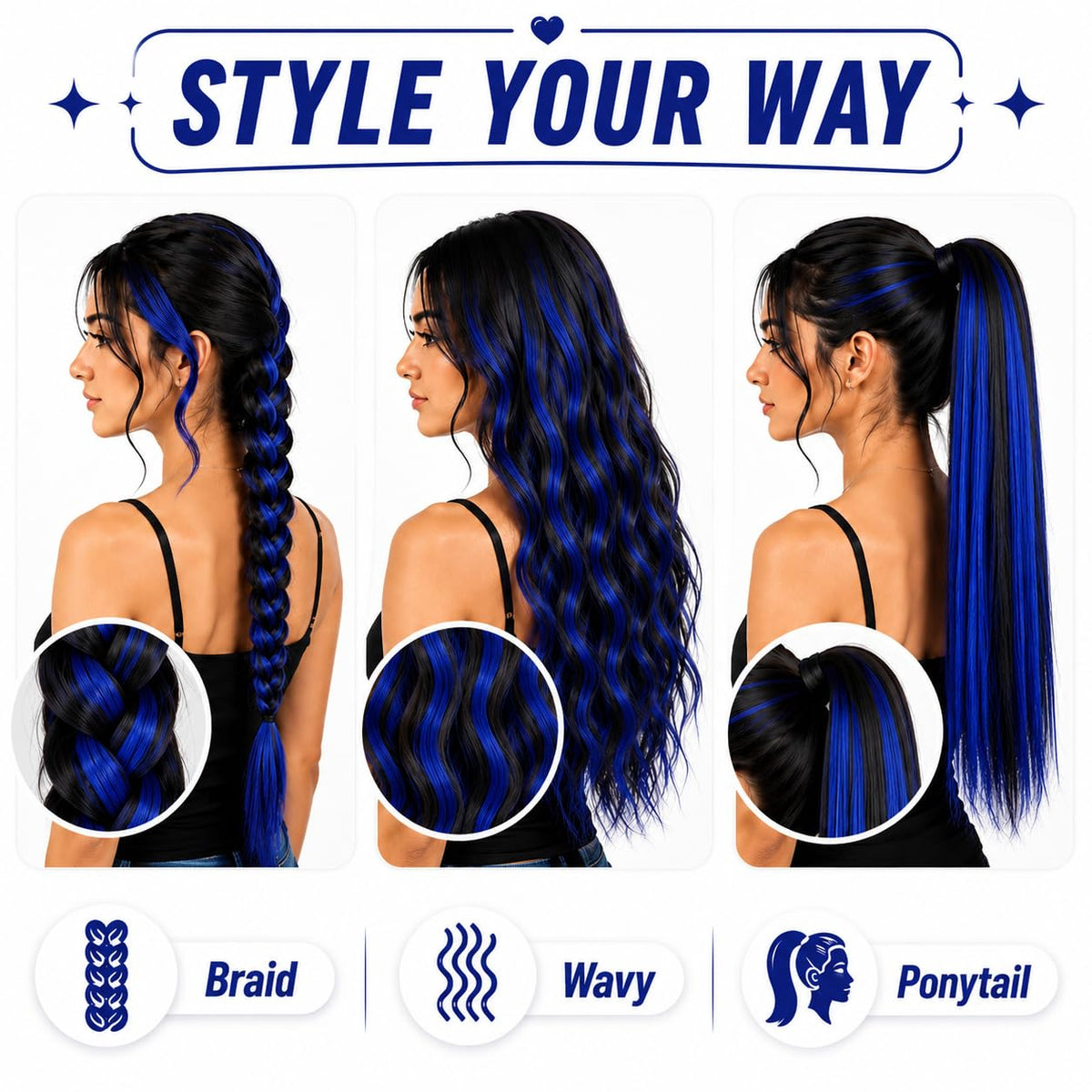 RINBOOOL Blue Hair Extensions displayed with secure clips