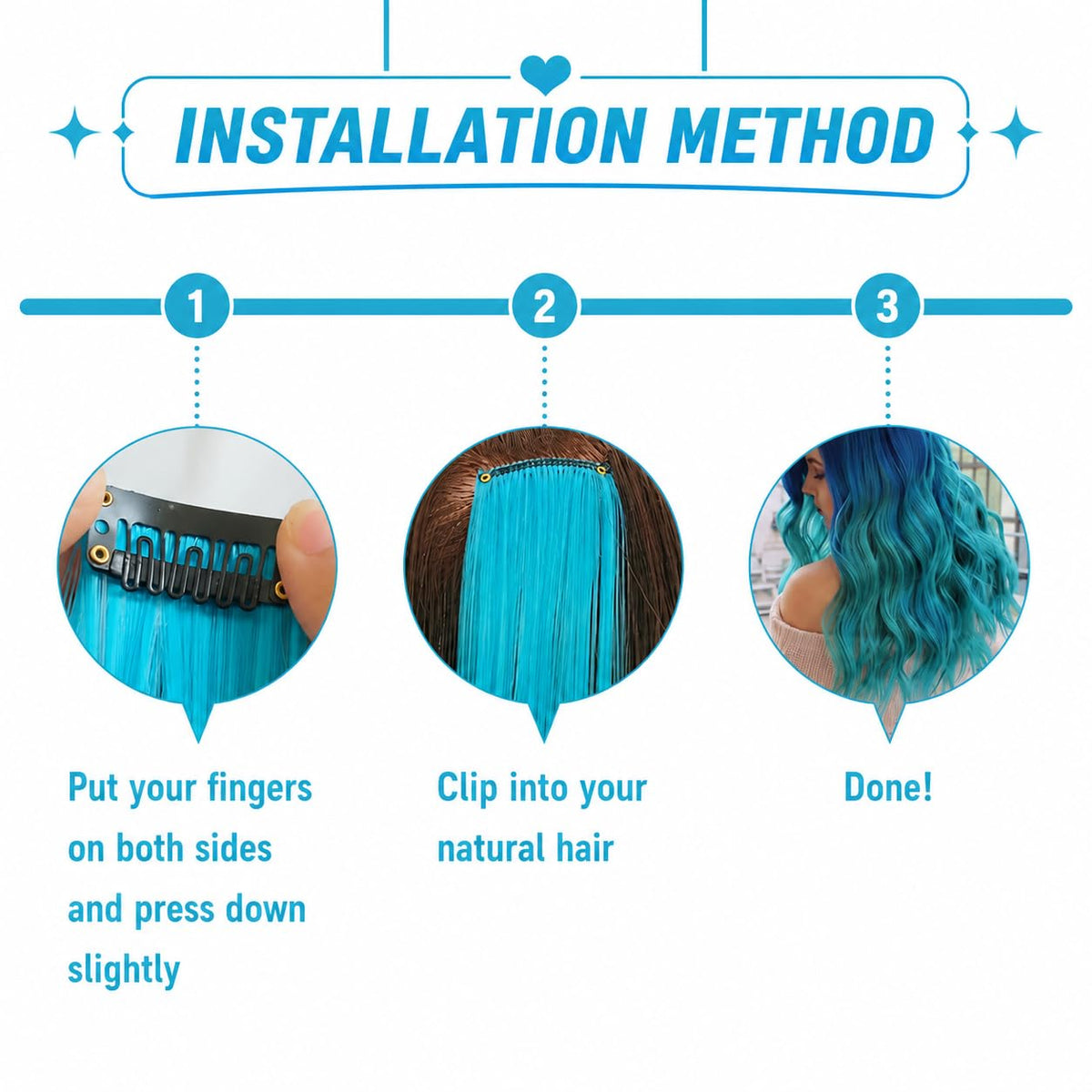 RINBOOOL teal blue clip-in hair extensions displayed on a table