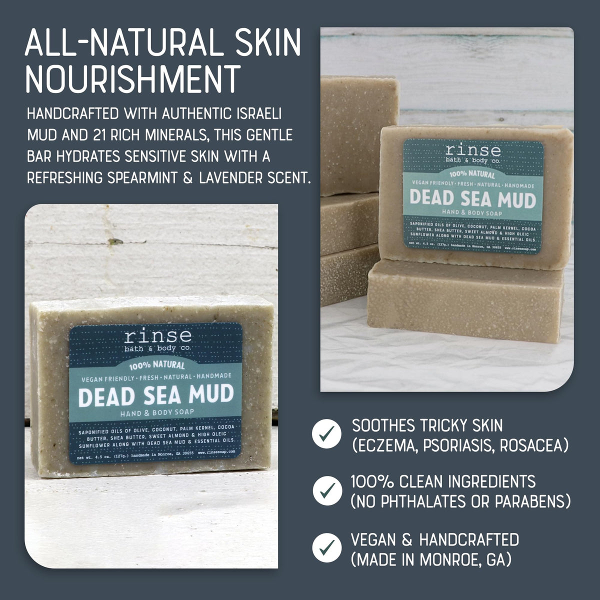 Rinse Bath & Body Dead Sea Mud Soap Spearmint Lavender on a soap dish