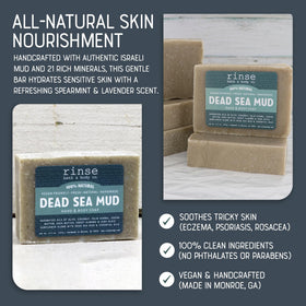 Rinse Bath & Body Dead Sea Mud Soap Spearmint Lavender on a soap dish