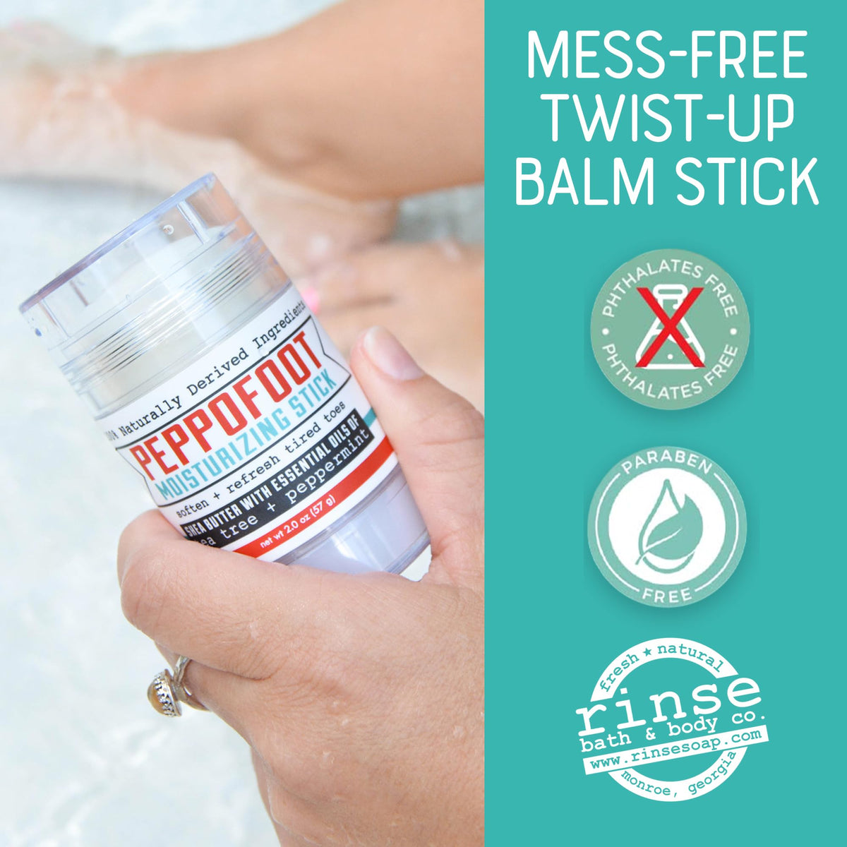 Rinse Bath & Body Peppofoot Heel Balm Stick ingredients list on back