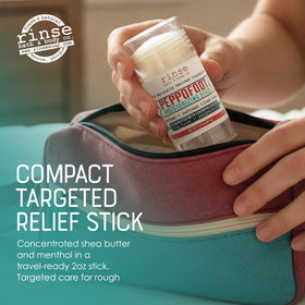 Rinse Bath & Body Peppofoot Heel Balm Stick side view showing ingredients