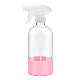 Rionisor 16 oz glass spray bottle front view with pink silicone sleeve