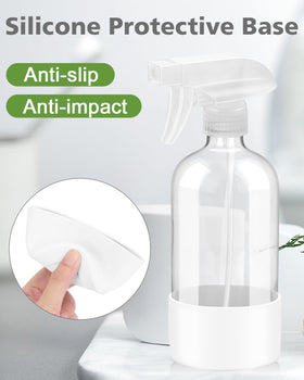 Rionisor 16OZ glass spray bottle side view with silicone sleeve