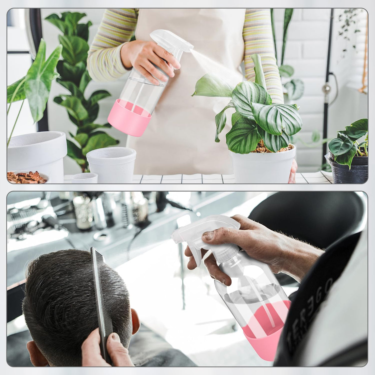Rionisor glass spray bottle in use, misting plants