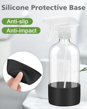 Rionisor glass spray bottle side view showing silicone sleeve