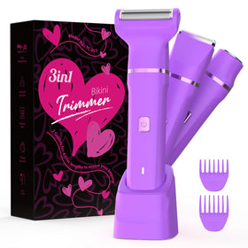 Risina Bikini Trimmer on a bathroom counter with grooming accessories