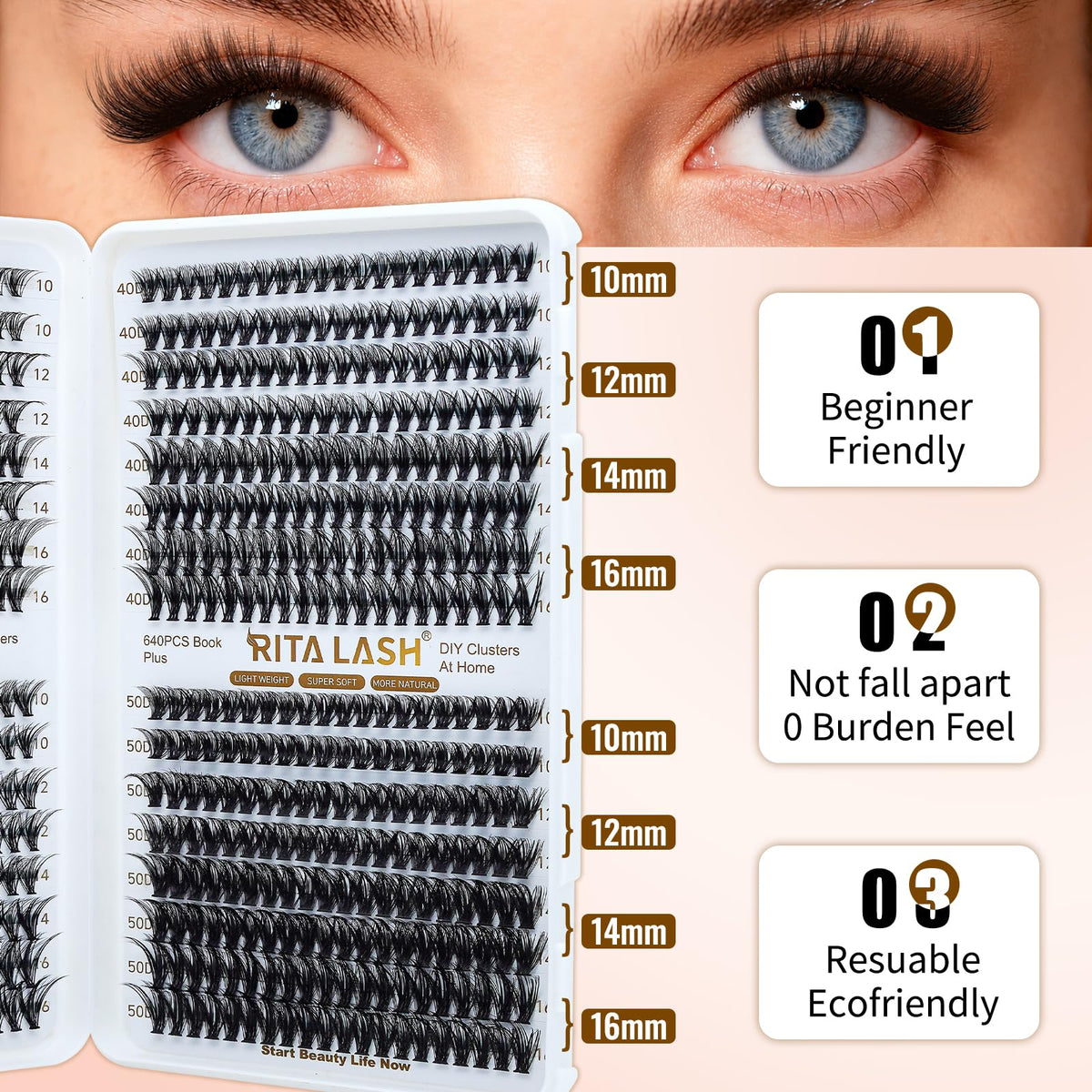 RITALASH Lash Clusters 640PCS showing different lash styles