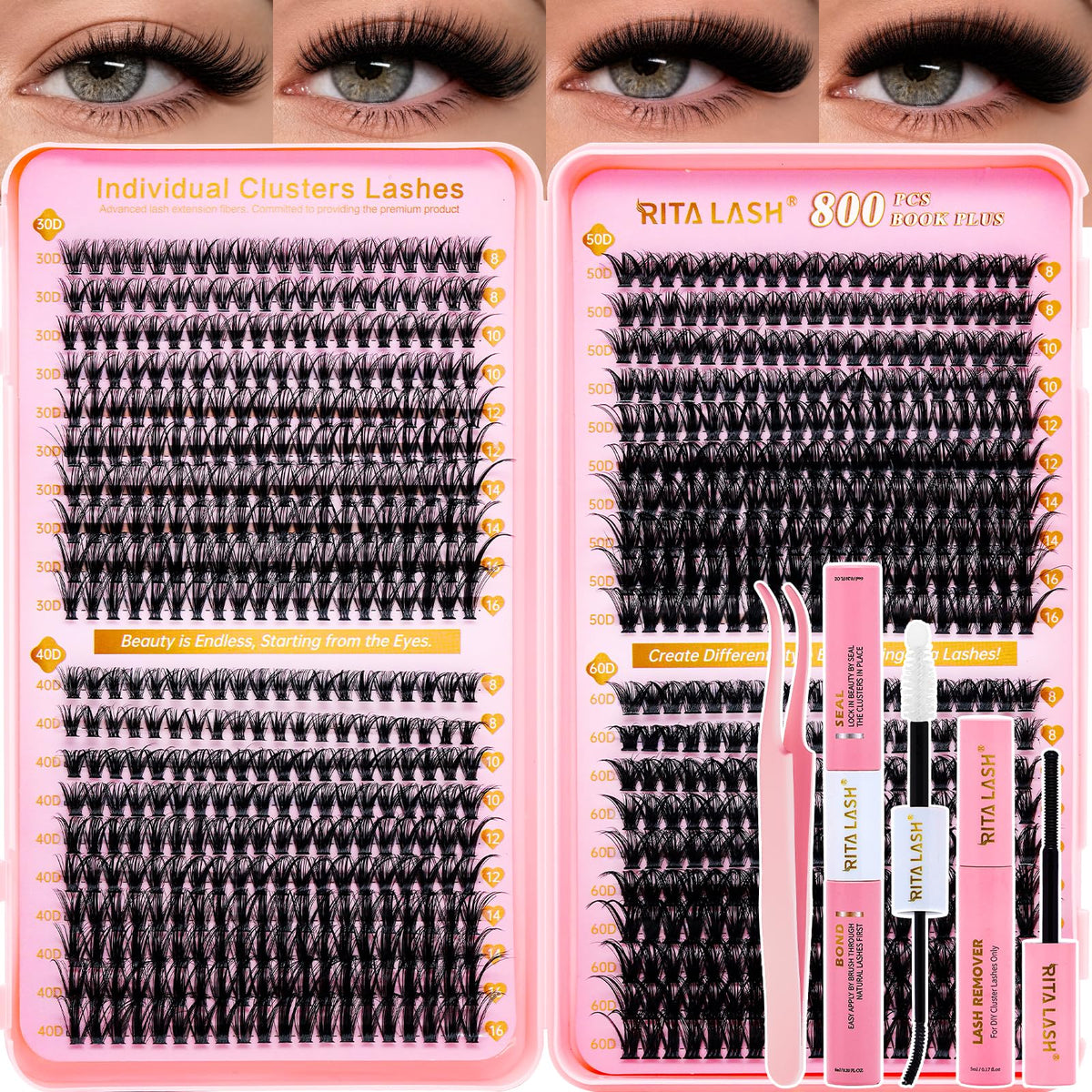 RITALASH Lash Clusters Kit 800pcs front view with included accessories