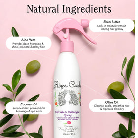 Rizos Curls Travel Refresh & Detangle Spray with coconut oil and shea butter ingredients