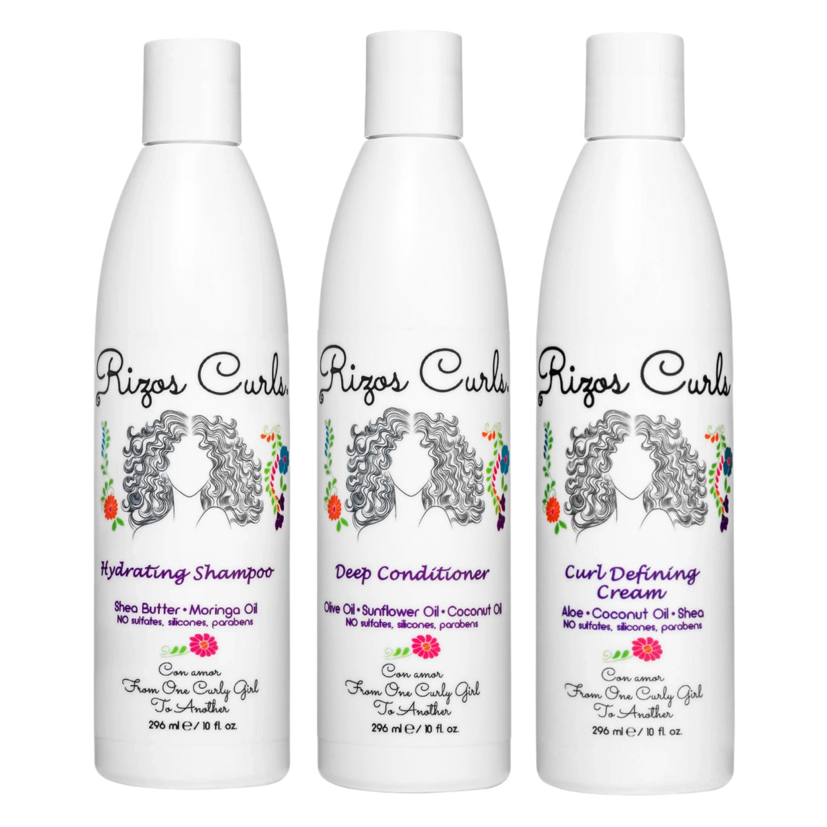 Rizos Curls Trio Bundle including hydrating shampoo, deep conditioner, and curl cream