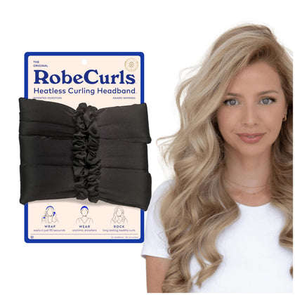 RobeCurls Original Heatless Hair Curler Set in black with scrunchies