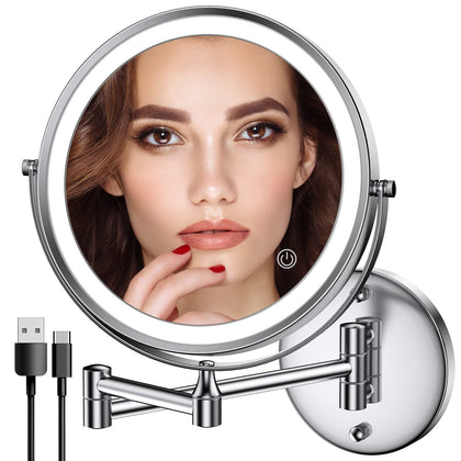 Rocollos 8 Inch Rechargeable Wall Mounted Makeup Mirror front view