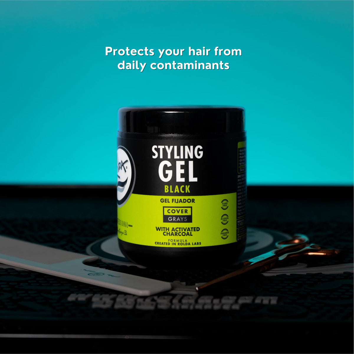 Rolda Black Hair Gel back view with ingredients