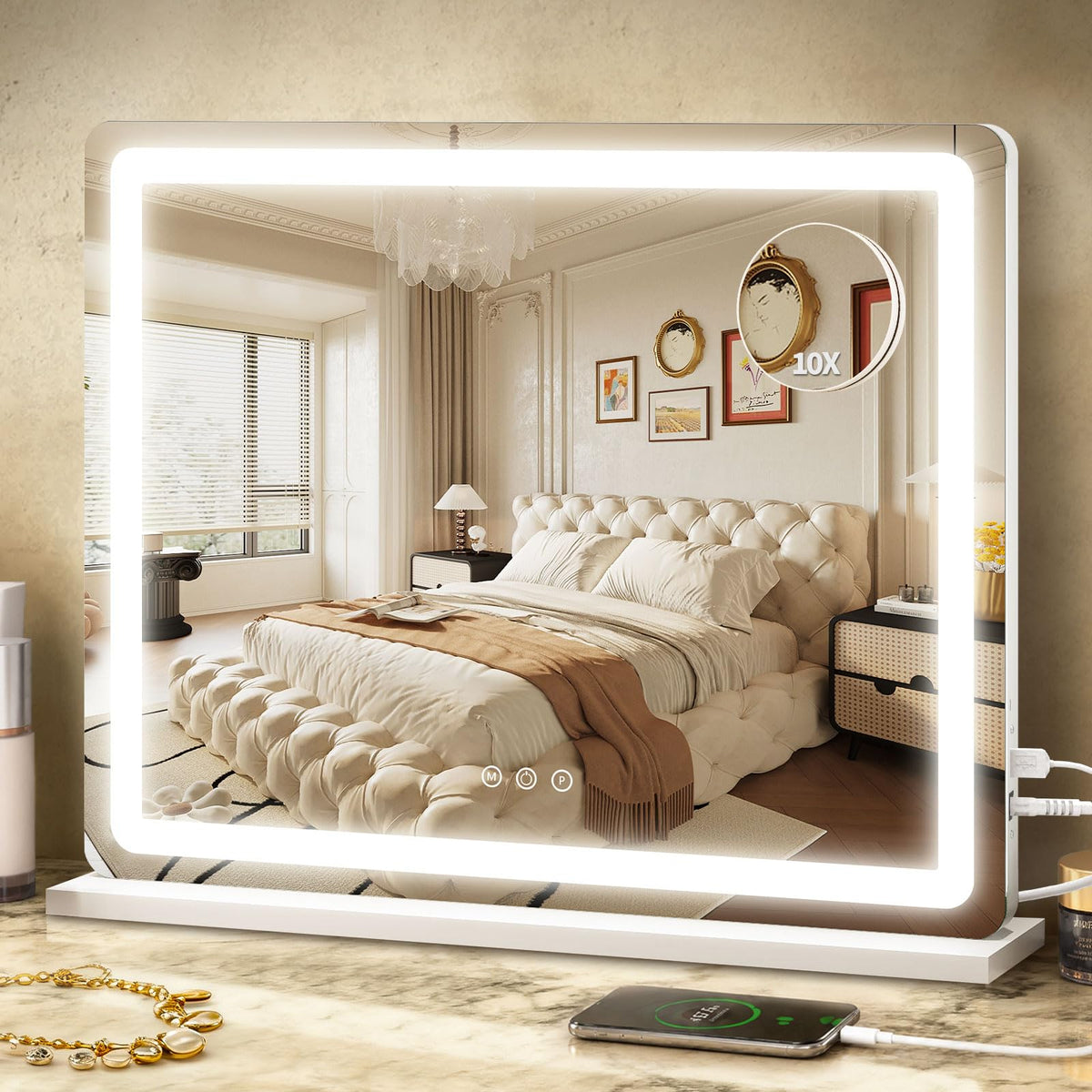 ROLOVE 23x18 large vanity mirror front view with lights