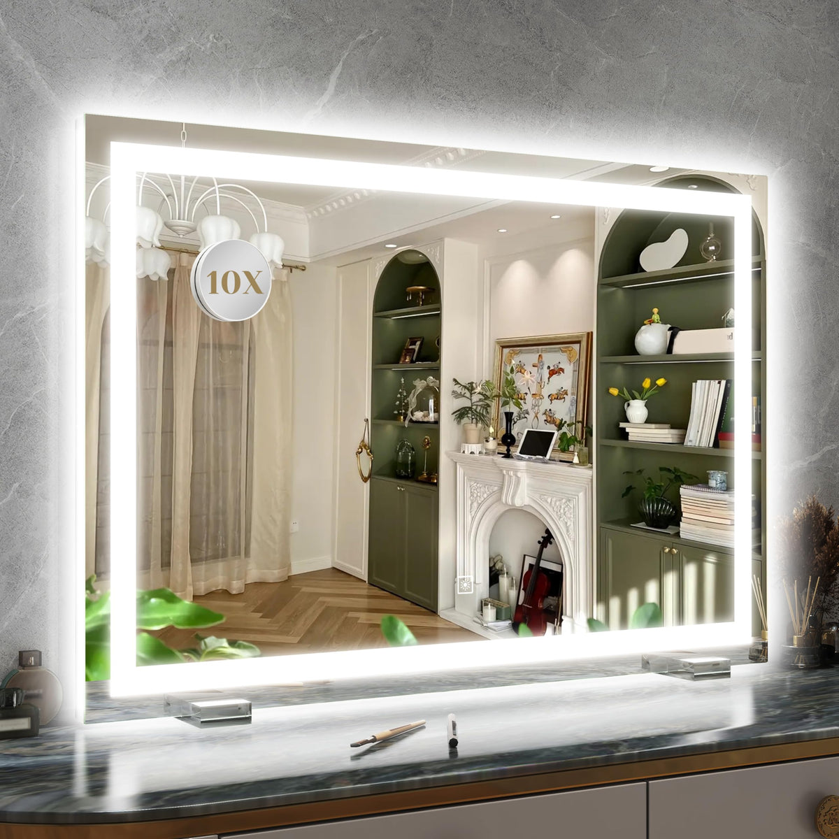 ROLOVE 32x22 Lighted Vanity Mirror front view with warm lighting