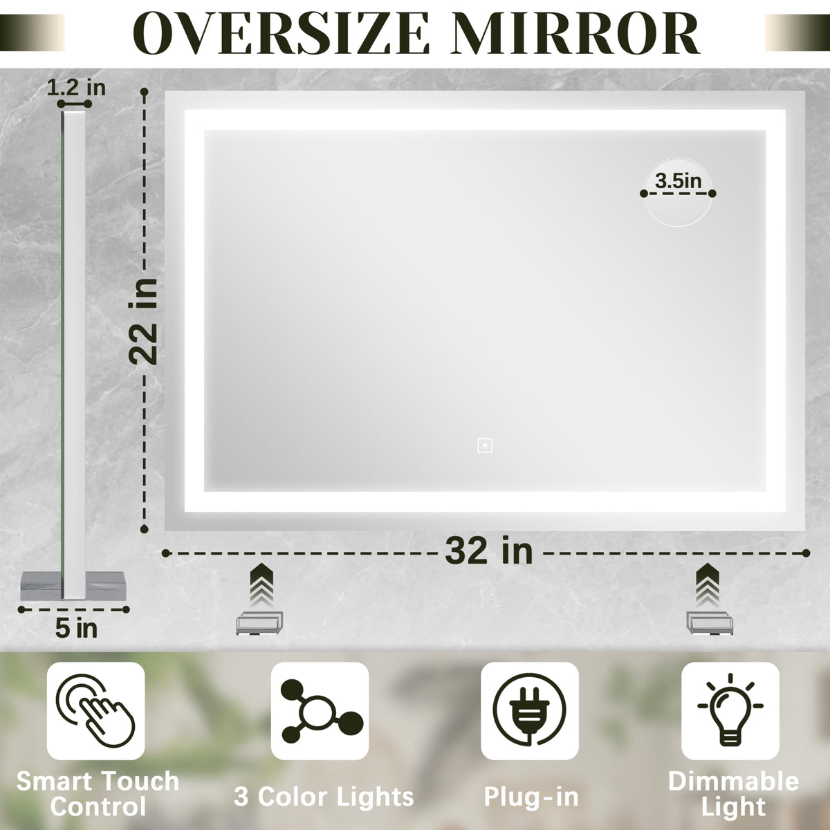 ROLOVE 32x22 Lighted Vanity Mirror side view showing detachable base