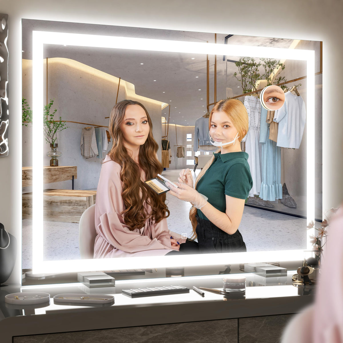 ROLOVE 40x28 Inch Lighted Vanity Mirror in use during makeup application