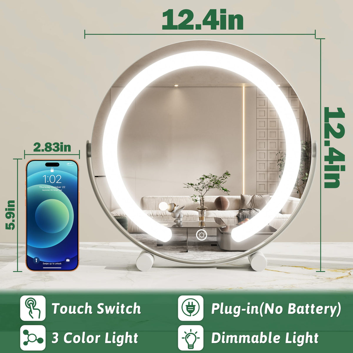 ROLOVE LED Makeup Mirror with touch controls close-up